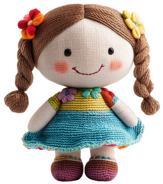 Smiling Handmade Knit Doll with Flowers: Adorable handmade knitted doll with flowers in her hair, wearing a colorful dress and shoes, isolated on transparent background.  