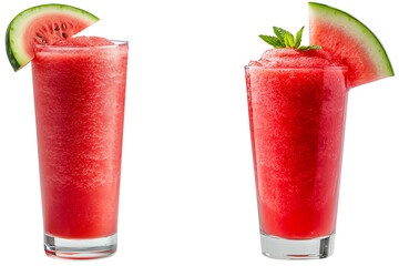 Refreshing Watermelon Slushies: A vibrant duo of watermelon slushie, isolated on transparent background, garnished with fresh mint and juicy watermelon slices, perfect for beating the summer heat. 