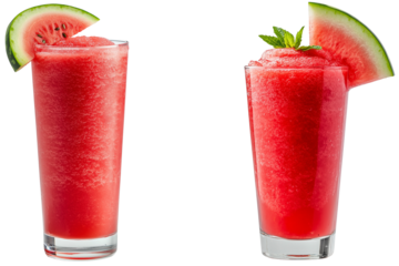 Refreshing Watermelon Slushies: A vibrant duo of watermelon slushie, isolated on transparent background, garnished with fresh mint and juicy watermelon slices, perfect for beating the summer heat. 