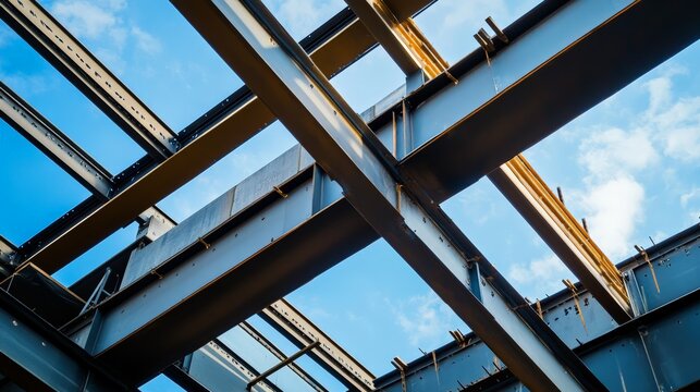Modern construction site with steel beams framework against a blue sky, emphasizing structure, architecture, and industrial design.