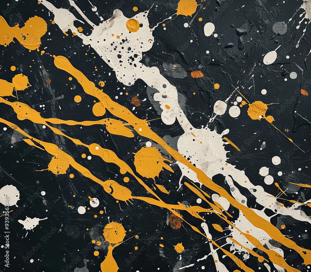 Wall mural This artwork showcases bold yellow and white paint splatters on a black canvas, forming a dynamic and energetic abstract composition.