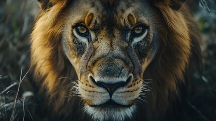 Naklejka premium portrait of a majestic lion in the wild, wildlife