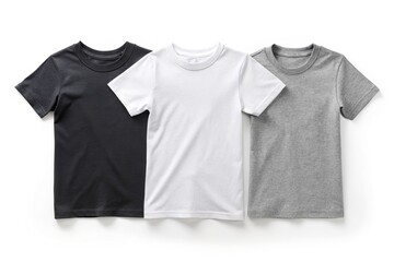 Set of blank white, black, and heather gray children's t-shirts isolated on a background, ideal for fashion design, pattern, and commerce presentation mockups.