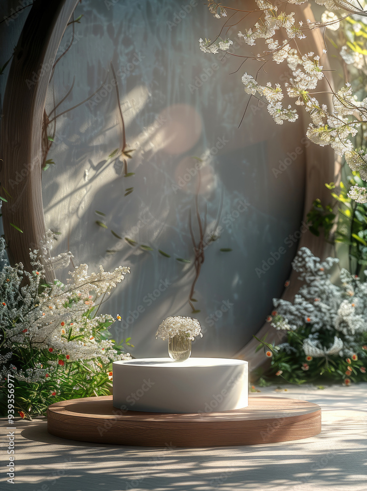 Poster a modern podium for product design against the backdrop of a white flower garden. generative ai.