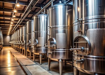 Shiny stainless steel tank barrels line up in a dimly lit brewery or wine cellar, emphasizing quality control in the manufacturing process of fine liquor and wine.