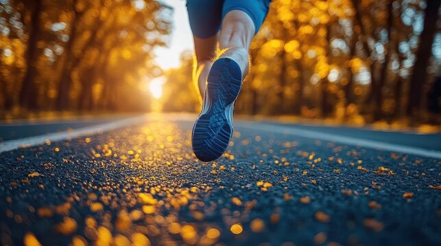 closeup of determined runners legs midstride muscles tensed shoes striking pavement sunlight glints off sweat creating dynamic contrast and energy