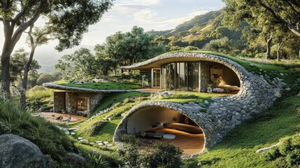 Modern eco-friendly house architecture nestled in a lush hillside with green roofs and large windows integrated into the natural landscape.
