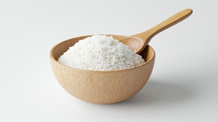 Rice grains in a wooden bowl