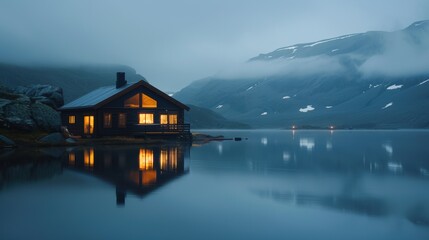 Fototapeta premium A cozy cottage by the water, a lake with a fog-covered mountain backdrop, evening, lights inside the house, reflections in the water.
