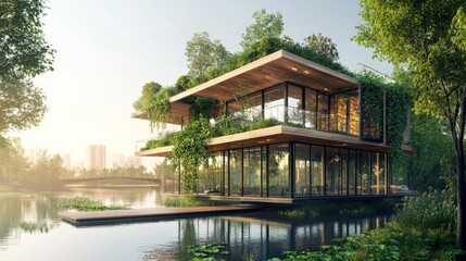 Naklejka premium Modern eco-friendly house surrounded by lush nature, featuring large windows, greenery, and a peaceful lakeside view.