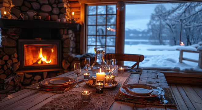 A romantic dinner in a charming, rustic cabin with a warm, glowing fireplace and a view of a snowy landscape outside. Generative AI.