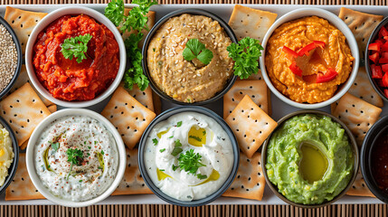 a platter of flaxseed crackers, arranged neatly with a variety of dips like guacamole, tzatziki, and red pepper hummus, on a natural fiber placemat