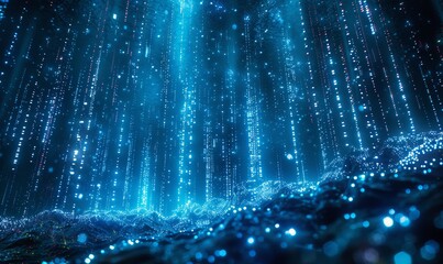 This image illustrates a digital rain of binary code, cascading in a blue ethereal space, symbolizing continuous data flow and advanced technological concepts.