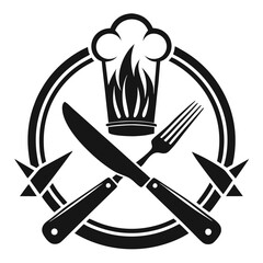 Simple minimalist restaurant logo featuring a kitchen knife, chef hat, and fire, clean lines and flat design, perfect for culinary branding, food service, or dining establishments