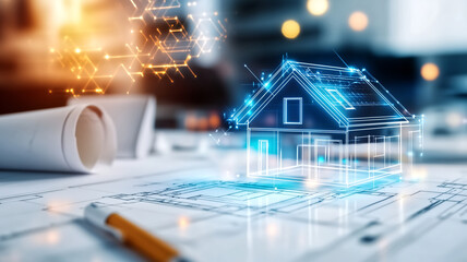 Naklejka premium Futuristic Smart Home Concept with Digital Interface Overlay on Architectural Blueprints