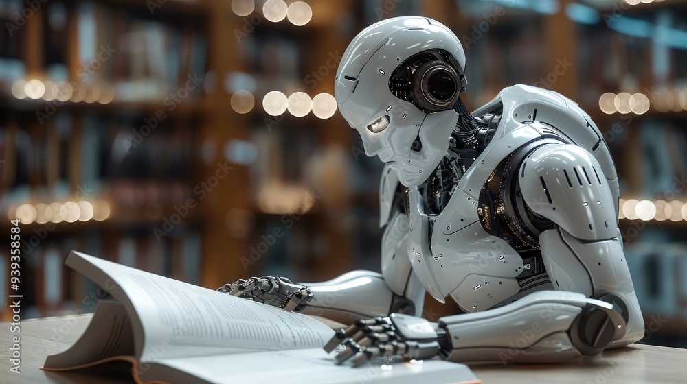 Poster A robot are studying new foreign words from the book. Generative AI.