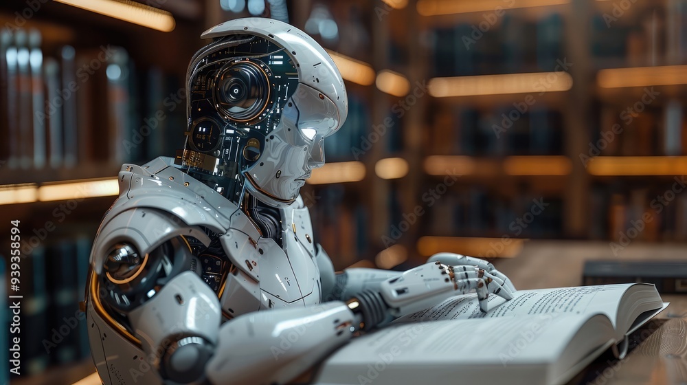 Poster A robot are studying new foreign words from the book. Generative AI.