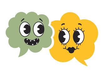 Retro cartoon style speech bubbles with characters faces. Vector graphic design illustration element