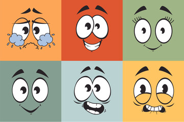 Cartoon retro line art style characters faces set. Vector graphic design illustration element