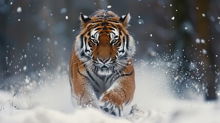 A tiger running in the snowy. Generative AI.
