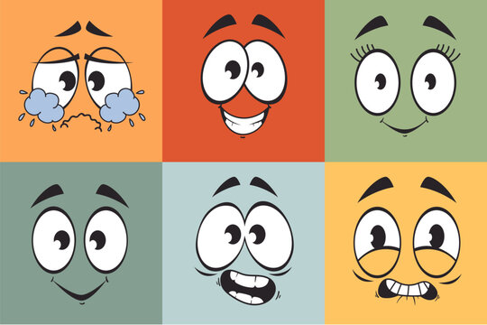 Cartoon retro line art style characters faces set. Vector graphic design illustration element