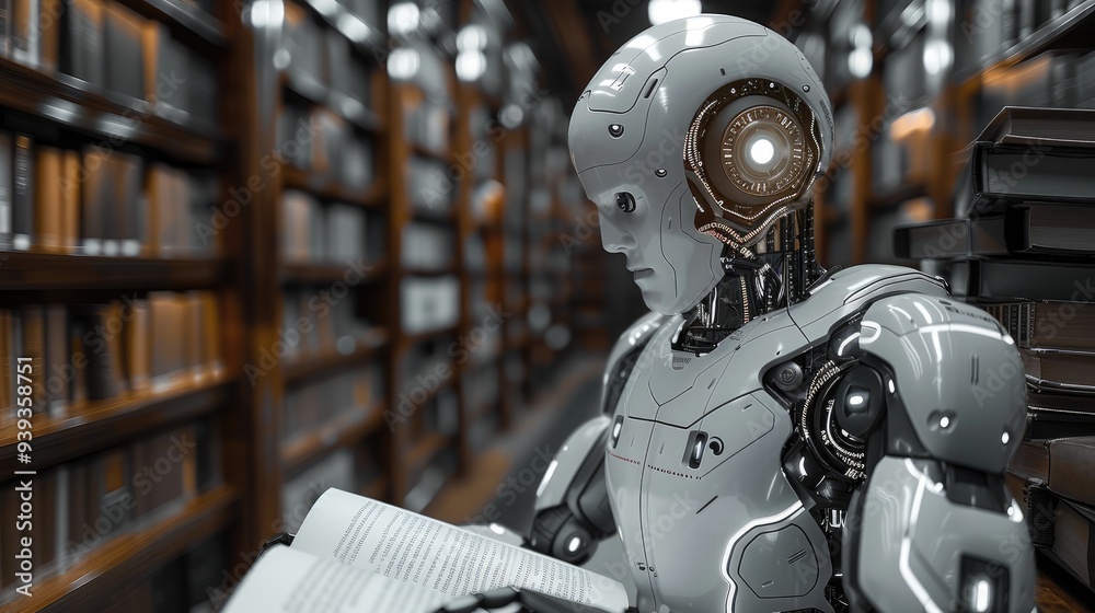 Poster A robot are studying new foreign words from the book. Generative AI.