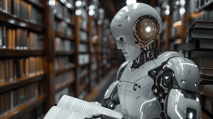 Fototapeta premium A robot are studying new foreign words from the book. Generative AI.