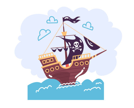 Pirate ship cartoon simple style concept. Vector graphic design illustration element