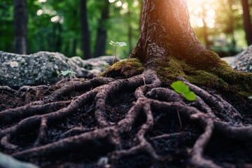 Fototapeta premium A serene photograph capturing the detailed tree roots covered in moss, bathed in sunlight filtering through a forest, showcasing the beauty and tranquility of nature.