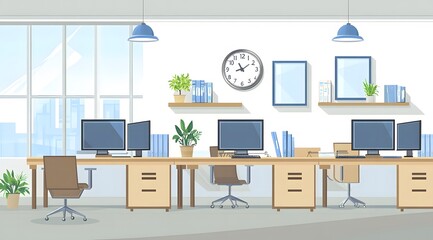 illustration of an office space with desks, chairs and bookshelves,workspace