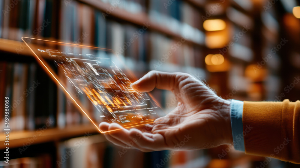 Poster hand holding a futuristic transparent tablet displaying digital data in a library with blurred books