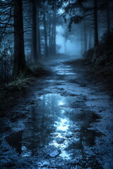 Luminous Whispers: Moonlit Path Through Misty Pines