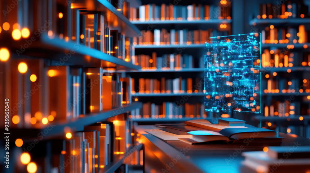 Poster futuristic library scene with glowing shelves and a holographic display of digital data above an ope