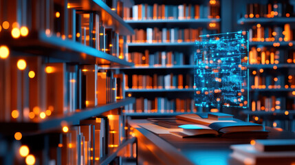 Futuristic library scene with glowing shelves and a holographic display of digital data above an open book on the table
