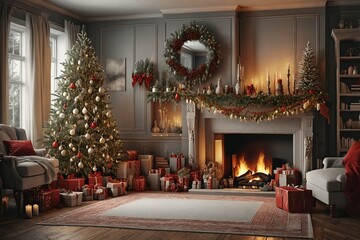 Cozy Christmas Living Room with Fireplace and Tree