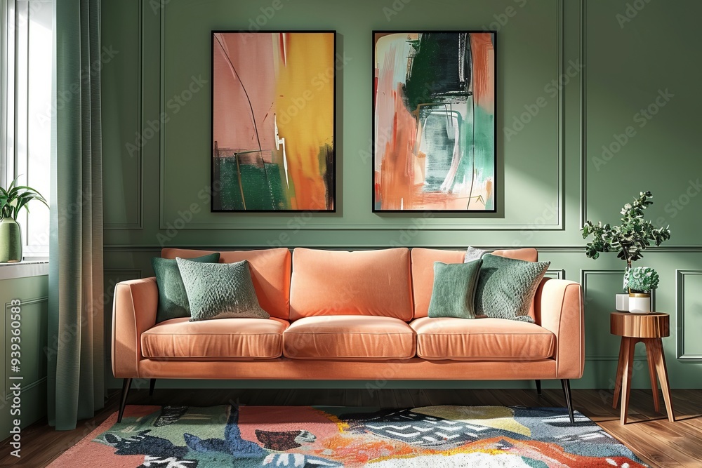 Sticker A stylish and chic living room boasting a peach sofa, abstract paintings, green walls, and elegant decor, presenting a luxurious home interior.