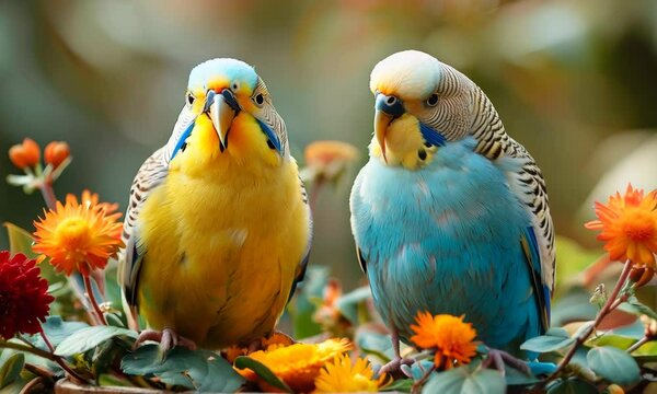 Colorful parakeets perched together in a vibrant garden filled with flowers