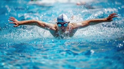 Young male swimmer in mid-air during a butterfly stroke, racing in a swim competition