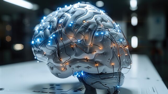 An electronic brain on a white table, mechanic brain built with metallic cables, electricity and cables representing neurons, glial cells show as scaffoldings sustaining neurons. Generative AI.