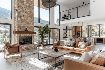 Large living room with modern fireplace, grey marble wall panels, white leather sofa, and garden view.
