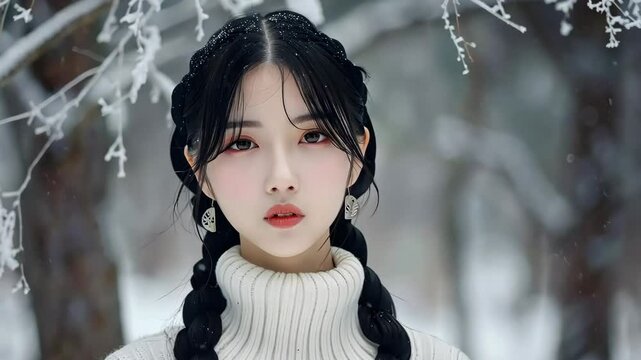 Video of posing asian woman model with long black hair and perfect clear fresh skin wearing white sweater in winter park. Autumn fashion. Natural beauty. Skincare and cosmetic concept