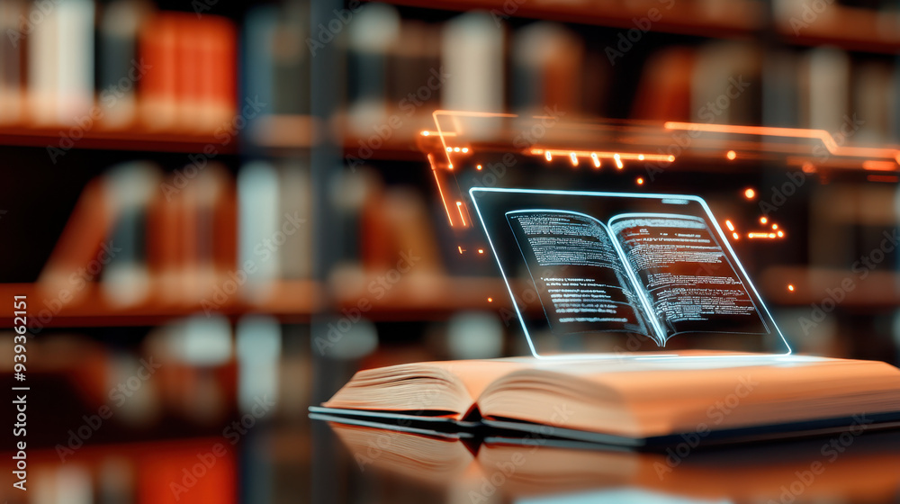 Poster open book with a holographic display showing interactive digital content in a library setting, showc