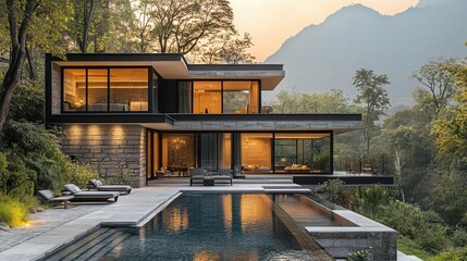 Fototapeta premium contemporary home exterior with expansive patio featuring panoramic views and stylish outdoor furniture blending seamlessly with nature