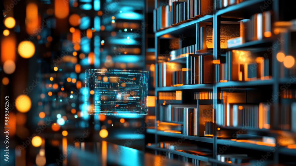 Poster futuristic library with glowing shelves and digital interface, creating a blend of technology and kn