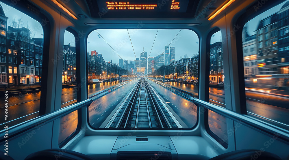Poster view of train ride in the city on a monorail. generative ai.