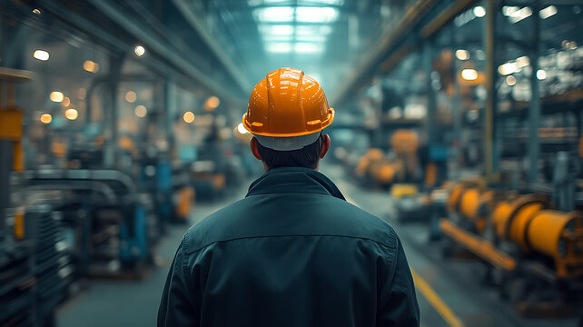 Engineer wearing hardhat tanding in industrial, viewed from behind.