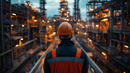 Engineer wearing hardhat an oil refinery, viewed from behind.