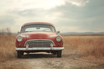 Vintage red car parked on a dirt road in an field.