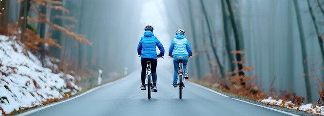 Two people cycling on a misty forest road, wearing blue jackets, enjoying an outdoor adventure in the cold weather.