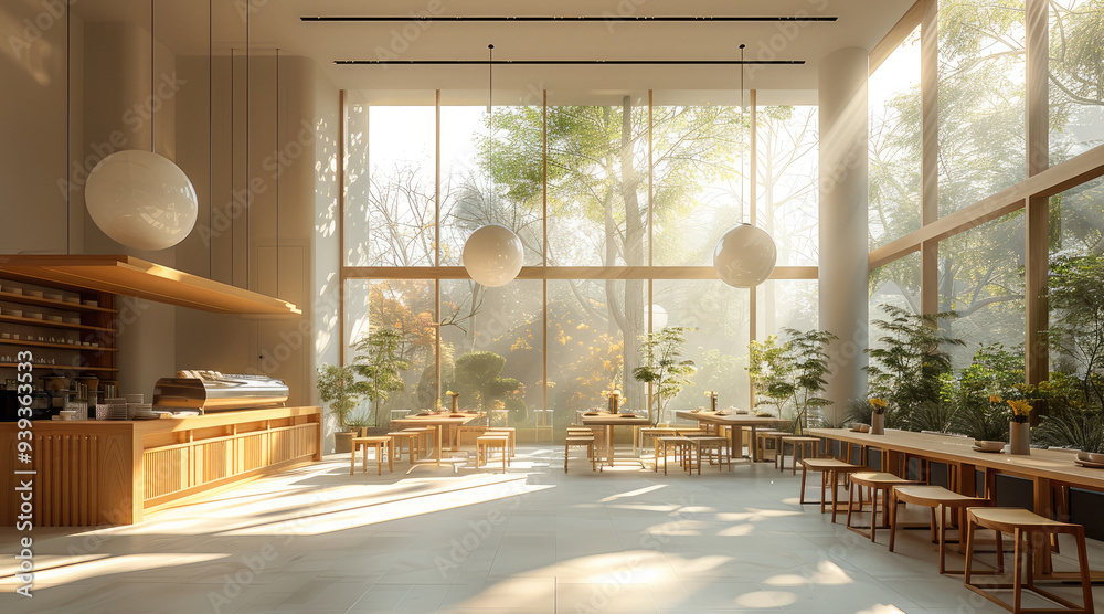 Poster a bright and airy cafe with tall ceilings and large floor-to-ceiling windows that fill the space wit
